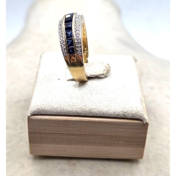 Ring 14K Yellow Gold Over 925 Stamped Princess Lab Created Sapphire & Cubic Zirc - Picture 5 of 7